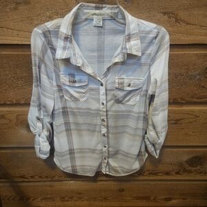 American Eagle Outfitters Plaid Button Down Shirt - White and Brown